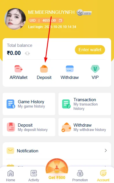 Click on deposit option